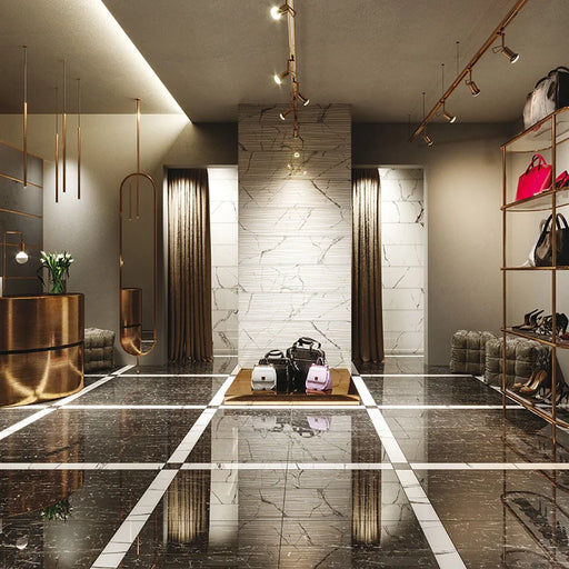 Dettaglio piastrella in gres porcellanato effetto marmo della collezione Reverse di Ceramica Settecento, colore Miroir 60x60