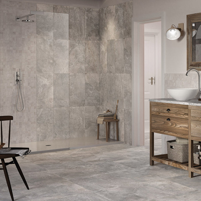 Dettaglio piastrella per pavimento e rivestimento in gres porcellanato effetto pietra ardesia. Collezione Ardesie di Ceramica Rondine, formato 60x120, Grey