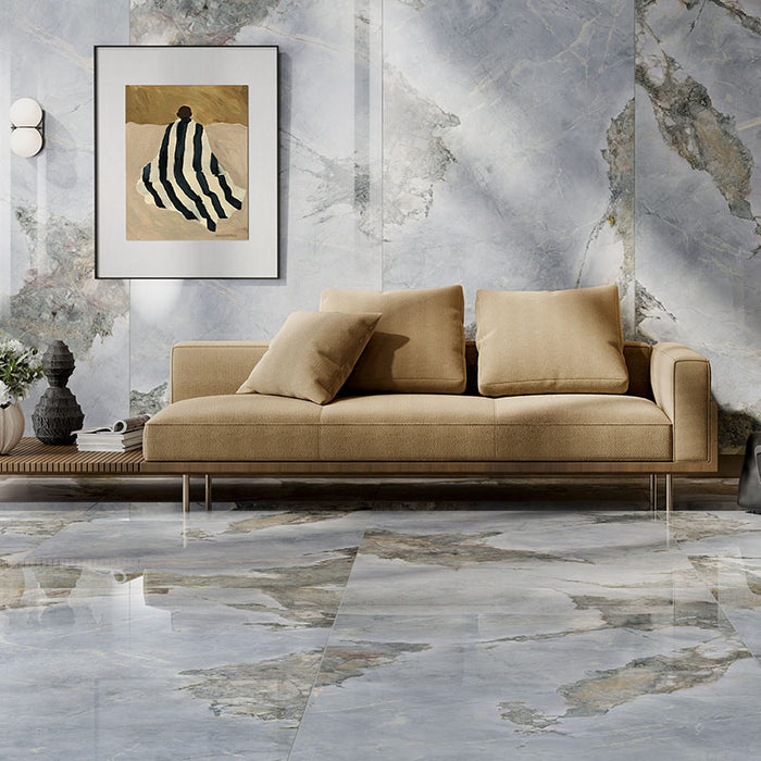 Dettaglio piastrella in gres porcellanato effetto marmo Lucido della collezione Invisible di Ceramica Rondine, formato 60x120, colore Blue