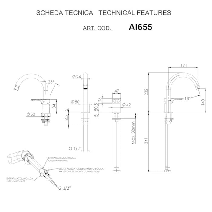 scheda tecnica del miscelatore a due fori per lavabo della serie Ambition di Daniel rubinetterie 