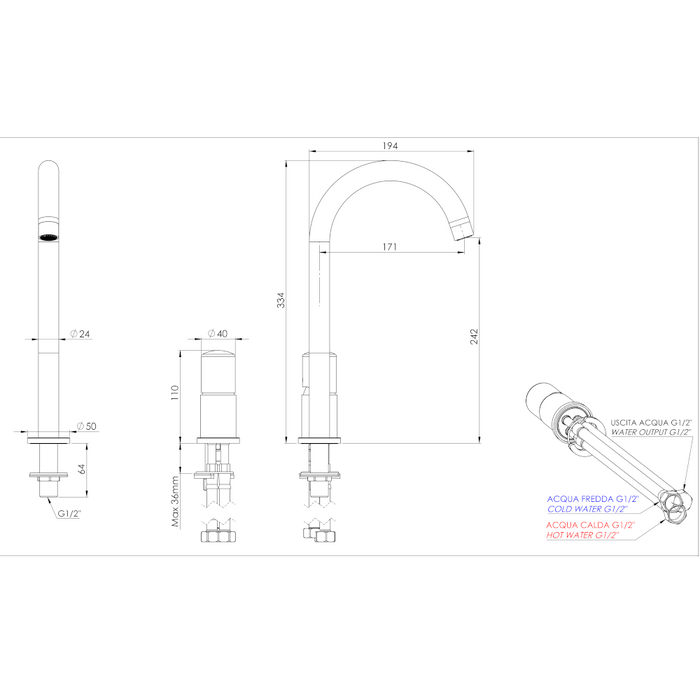 scheda tecnica miscelatore lavabo a canna alta a 2 fori della serie fusion di daniel rubinetterie, senza scarico 