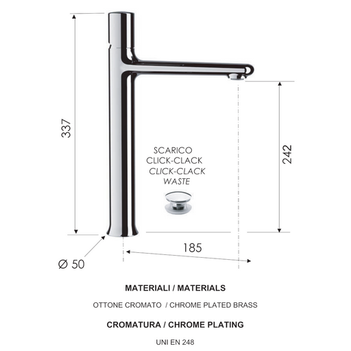 scheda tecnica di miscelatore per lavabo a canna alta con scarico click-clack della serie fusion di Daniel Rubinetterie