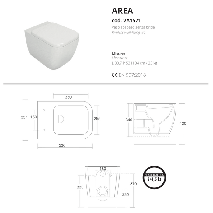 SCHEDA TECNICA VASO SOSPESO SENZA BRIDA AREA DI OPERA SANITARI