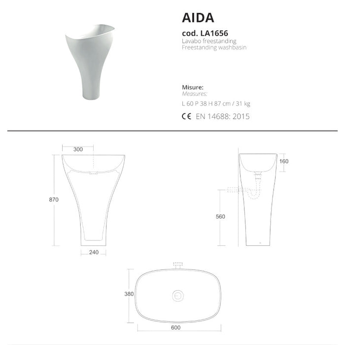 SCHEDA TECNIA DI VASO FREESTANDING AIDA DI OPERA CERAMICHE SANITARIE 