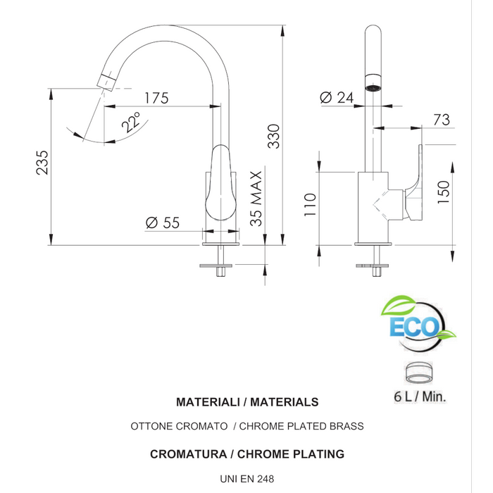 SCHEDA TECNICA MISCELATORE PER CUCINA OMEGA GREEN CON RISPARMIO IDRICO E RISPARMIO ENERGETICO