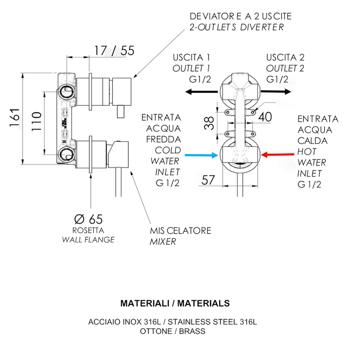 scheda tecnica miscelatore doccia con deviatore in acciaio inox della serie tokyo steel di daniel rubinetterie