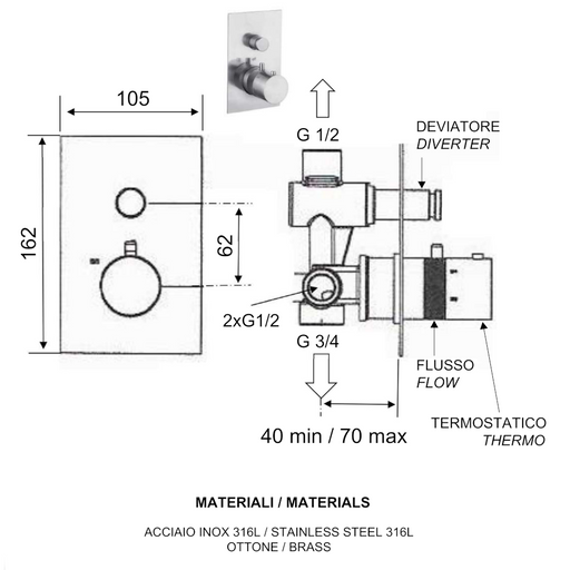 scheda tecnica miscelatore per doccia a incasso termostatico della serie tokyo steel di daniel rubinetterie in acciaio inox