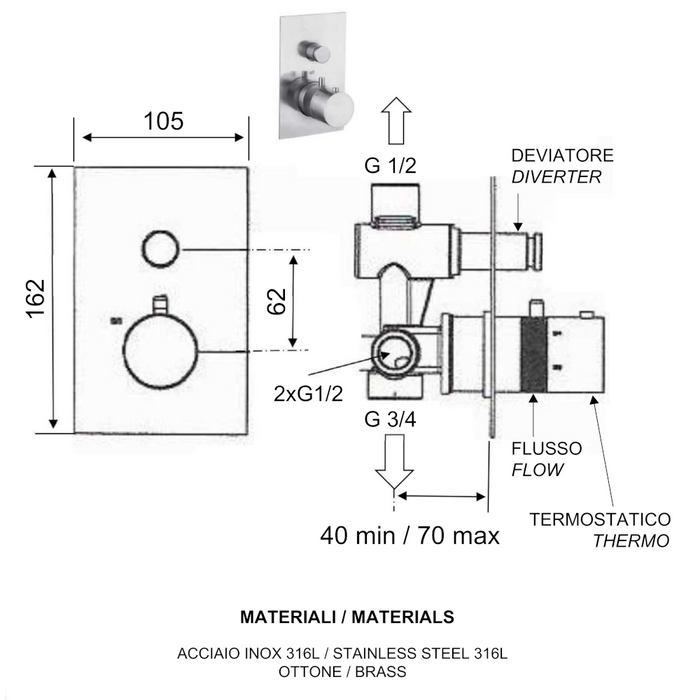 scheda tecnica miscelatore per doccia a incasso termostatico della serie tokyo steel di daniel rubinetterie in acciaio inox