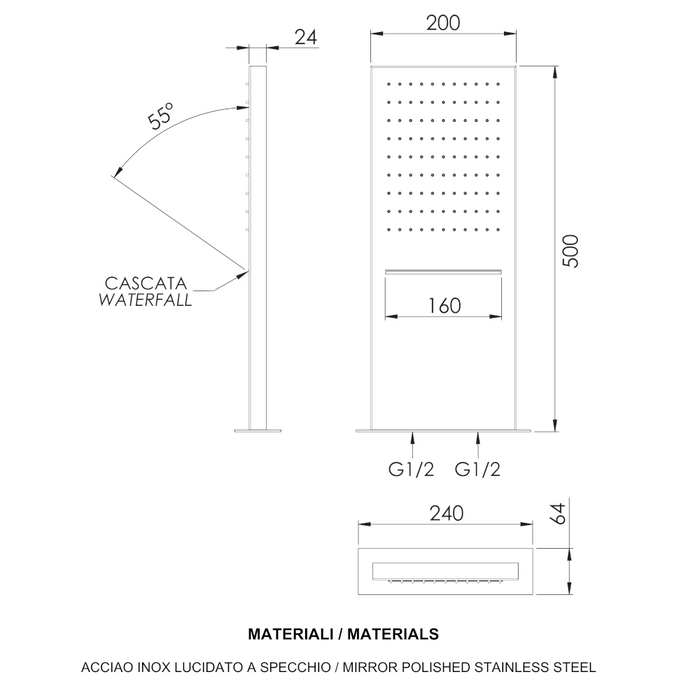 scheda tecnica soffione a parete rettangolare con doppio getto effetto pioggia e effetto cascata