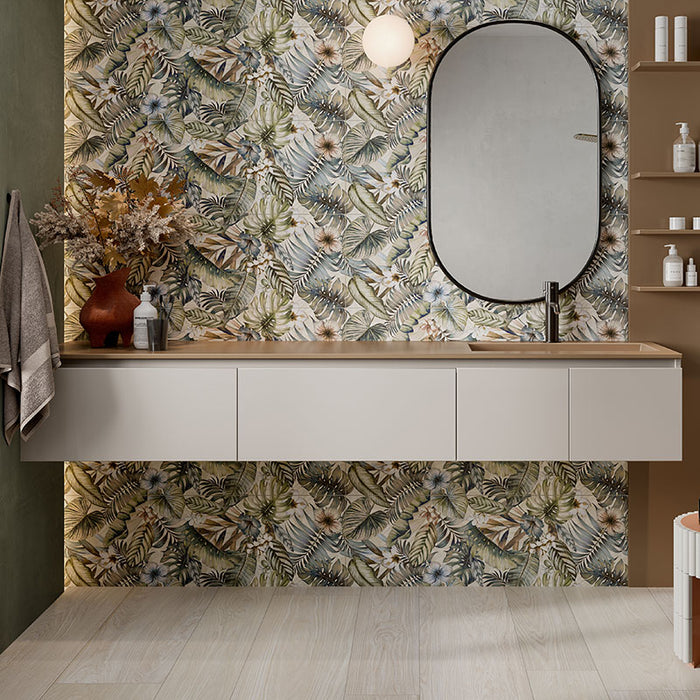 Rivestimento ceramico 33x100 cm della collezione Ludostone, colore Oasi Sahara di Ceramica Rondine.