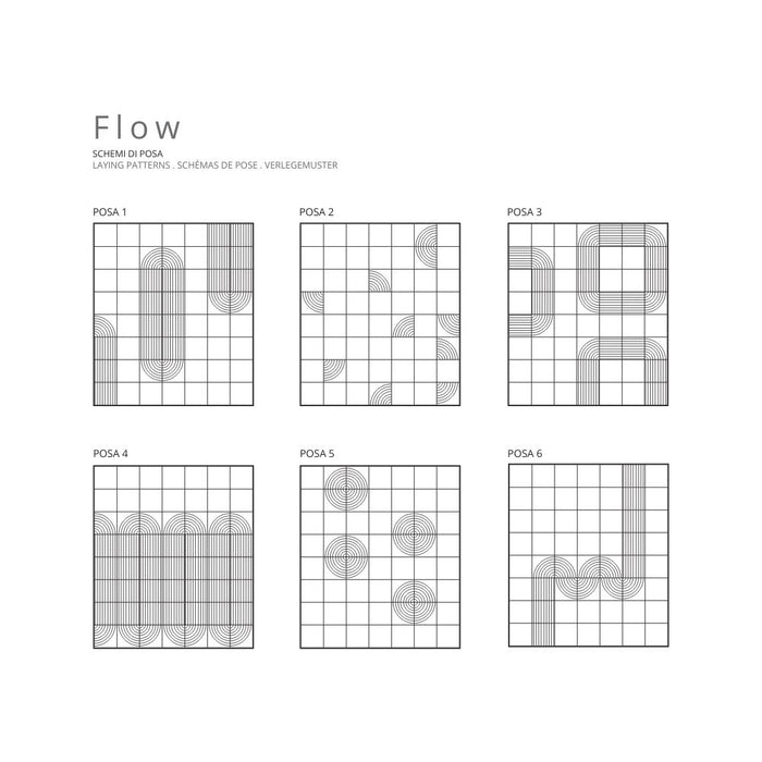 Schemi e possibili idee di posa per la collezione Flow di Keradom.