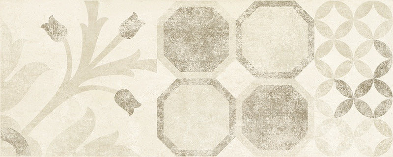 Dettaglio piastrella da rivestimento effetto cemento con decoro geometrico della collezione Soho di Paul & Co Ceramiche, formato 20x50, colore Epoch Almond