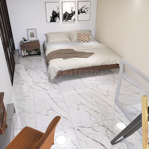 Camera da letto con pavimento dal design sofisticato ed elegante in gres porcellanato effetto marmo lucido 3D leggermente strutturato, ideale per ambienti moderni e raffinati. Collezione La Marmoteca di Gardenia Orchidea, formato 60x120 cm, colore Statuario Spider