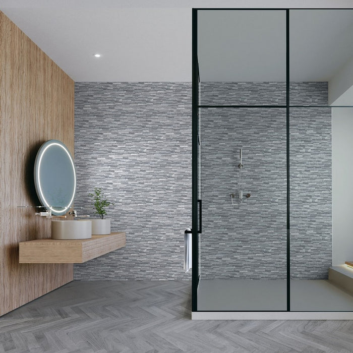 Bagno moderno minimal con mobili in legno, doccia moderna quadrata grande e rivestimento effetto muretto 3d in gres porcellanato della collezione rio di keradom nella colorazione amatista 16x40 ad incastro con fuga a scomparsa