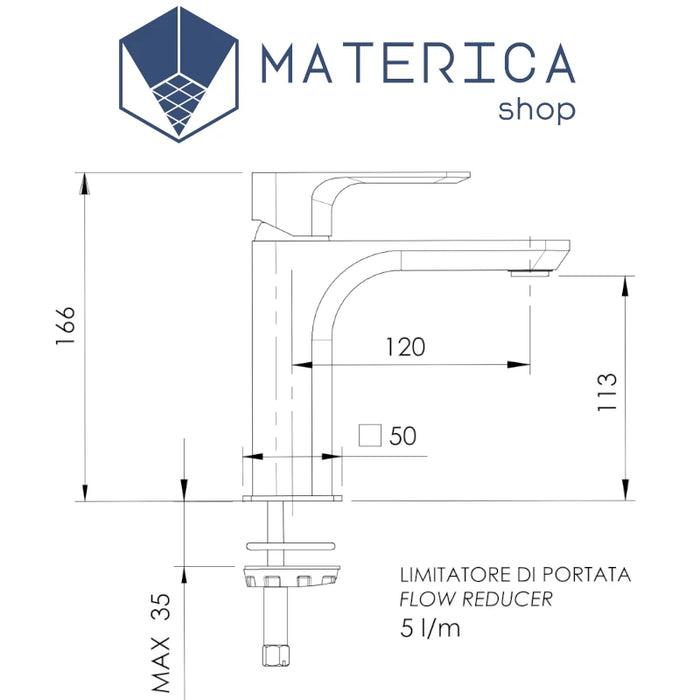 scheda tecnica del miscelatore per lavabo senza scarico e senza foro sul corpo della serie Minerva. Finitura Vecchio ottone