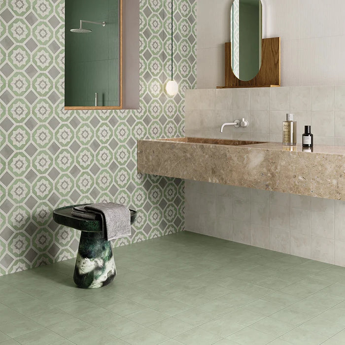 Bagno moderno con pavimento e rivestimento in gres porcellanato serie Terra.Art di Marca Corona, effetto cemento, formato 20x20 cm, Colore Menta