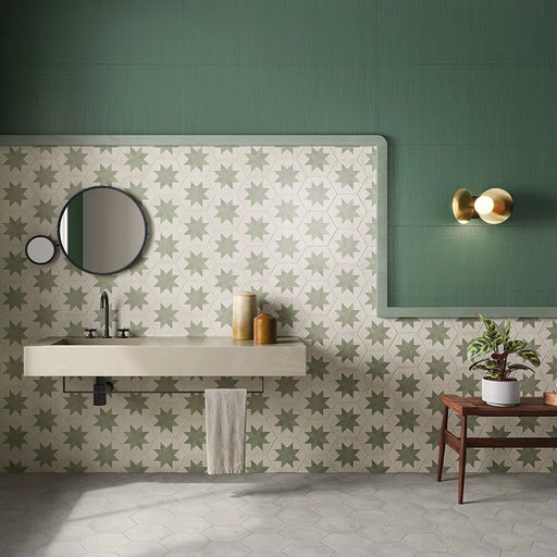 Bagno Moderno con rivestimento in gres porcellanato serie Terra.Art di Marca Corona, effetto cementine, formato esagonale 25x21 cm, Colore Stella S/M Esagona