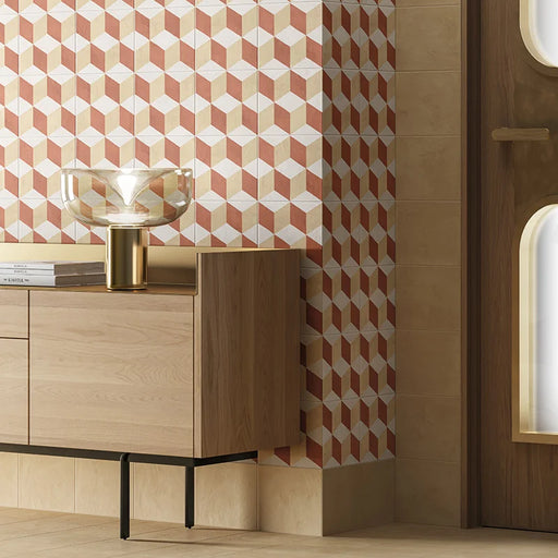 Dettaglio rivestimento in gres porcellanato serie Terra.Art di Marca Corona, effetto cementine, formato 20x20 cm, Colore Cubo Tramonto Crema