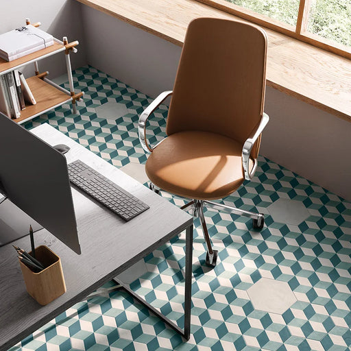 Dettaglio ufficio con pavimento in gres porcellanato serie Terra.Art di Marca Corona, effetto cementine, formato esagonale 25x21 cm, Colore Cubo O/C Esagona