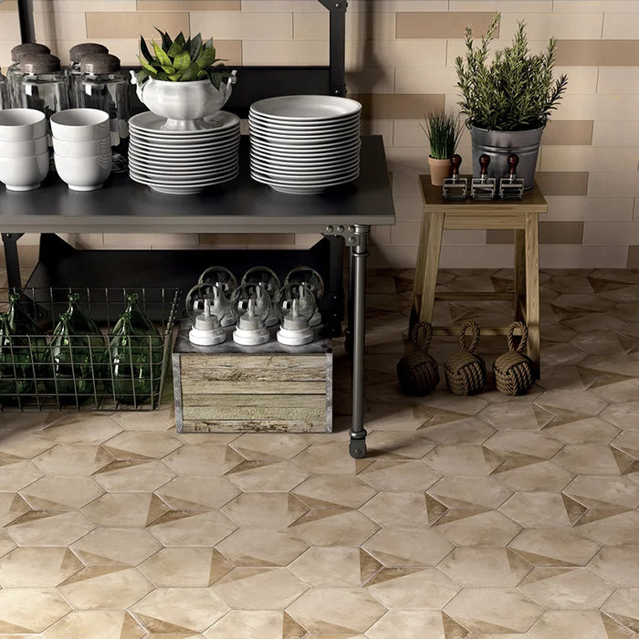 Dettaglio pavimento in gres porcellanato serie Terra di Marca Corona, effetto cementine, formato esagonale 25x21.6 cm, Colore Porzione Calda Esagona