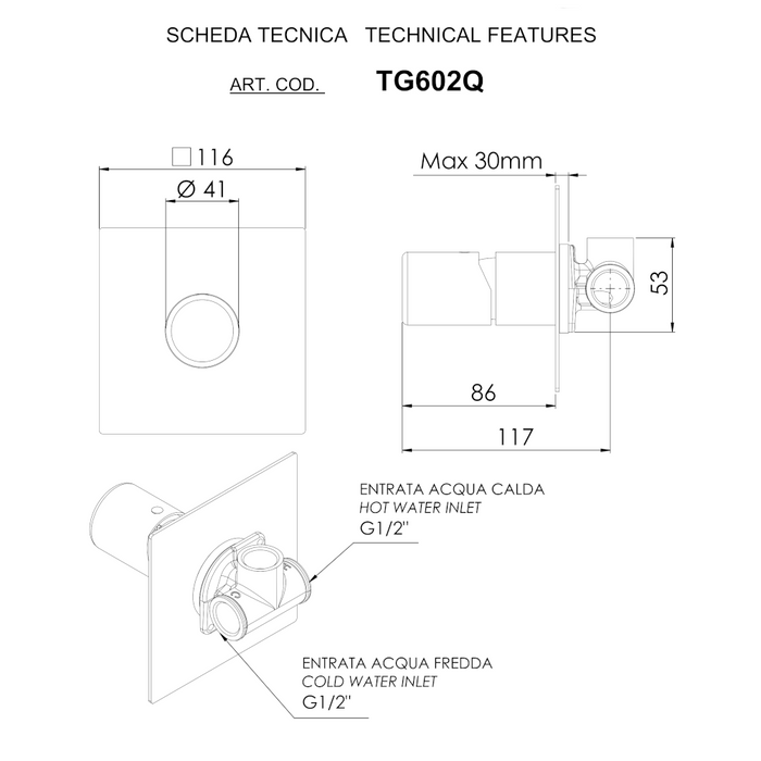 scheda tecnica del miscelatore trilogy a incasso senza deviatore su piastra quadra