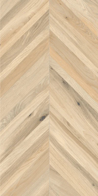 Piastrella per pavimento e rivestimento in gres porcellanato effetto legno posato a spina di pesce della collezione Timeless di Ceramica Rondine, formato 60x120 cm, colore Ecrù Chevron