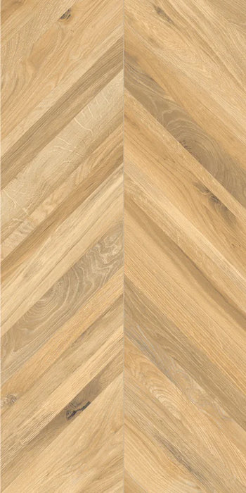 Piastrella per pavimento e rivestimento in gres porcellanato effetto legno posato a spina di pesce della collezione Timeless di Ceramica Rondine, formato 60x120 cm, colore Honey Chevron