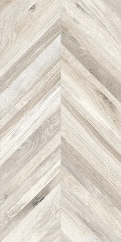 Piastrella per pavimento e rivestimento in gres porcellanato effetto legno posato a spina di pesce della collezione Timeless di Ceramica Rondine, formato 60x120 cm, colore Ivory Chevron