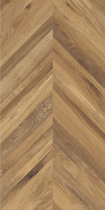 Piastrella per pavimento e rivestimento in gres porcellanato effetto legno posato a spina di pesce della collezione Timeless di Ceramica Rondine, formato 60x120 cm, colore Nut Chevron