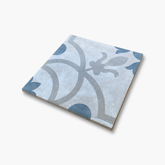 Foto piastrella da pavimento e rivestimento in gres porcellanato serie Talé di Savoia Italia, Decoro effetto cementina Mix Occidentale formato 21x21 Colore Blu