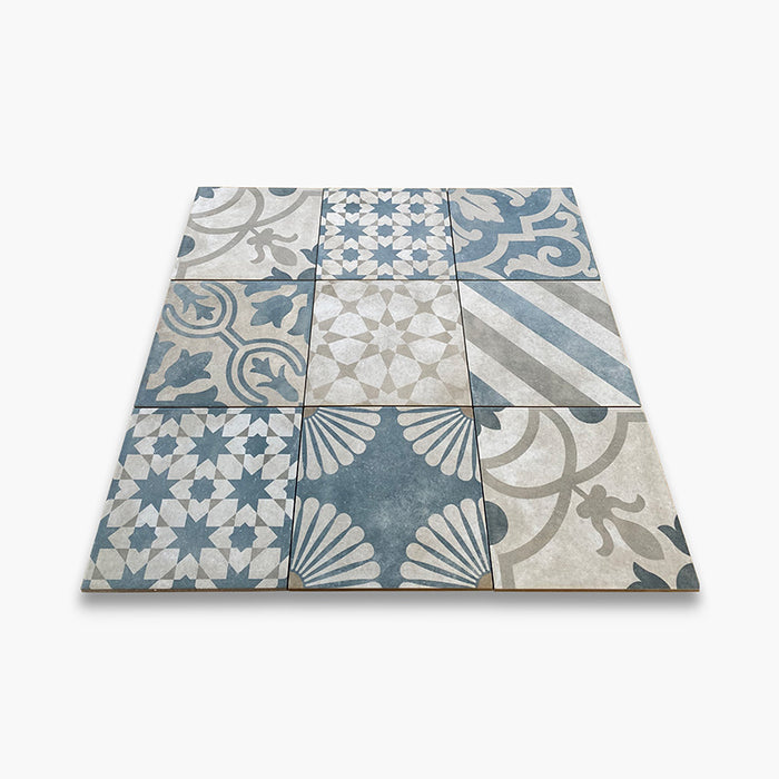 Foto piastrelle posate da pavimento e rivestimento in gres porcellanato serie Talé di Savoia Italia, Decoro effetto cementina Mix Occidentale formato 21x21 Colore Blu