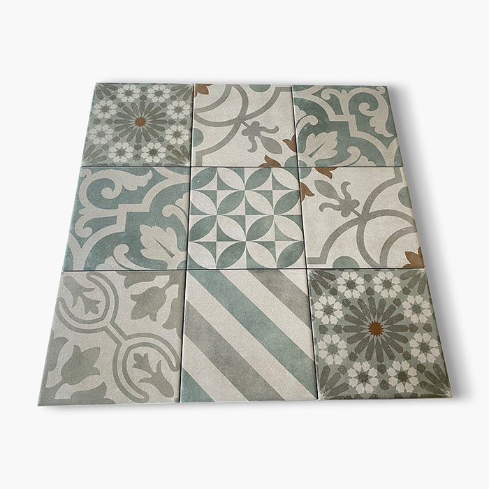 Dettaglio Piastrella da pavimento e rivestimento in gres porcellanato serie Talé di Savoia Italia, Decoro effetto cementina Mix Orientale formato 21x21 Colore Verde/Grigio/Cotto