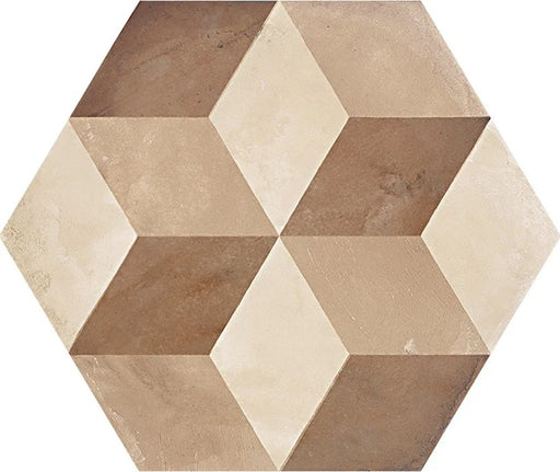 Dettaglio Piastrella da pavimento e rivestimento in gres porcellanato serie Terra di Marca Corona, effetto cementine, formato esagonale 25x21.6 cm, Colore Cubo Caldo Esagona