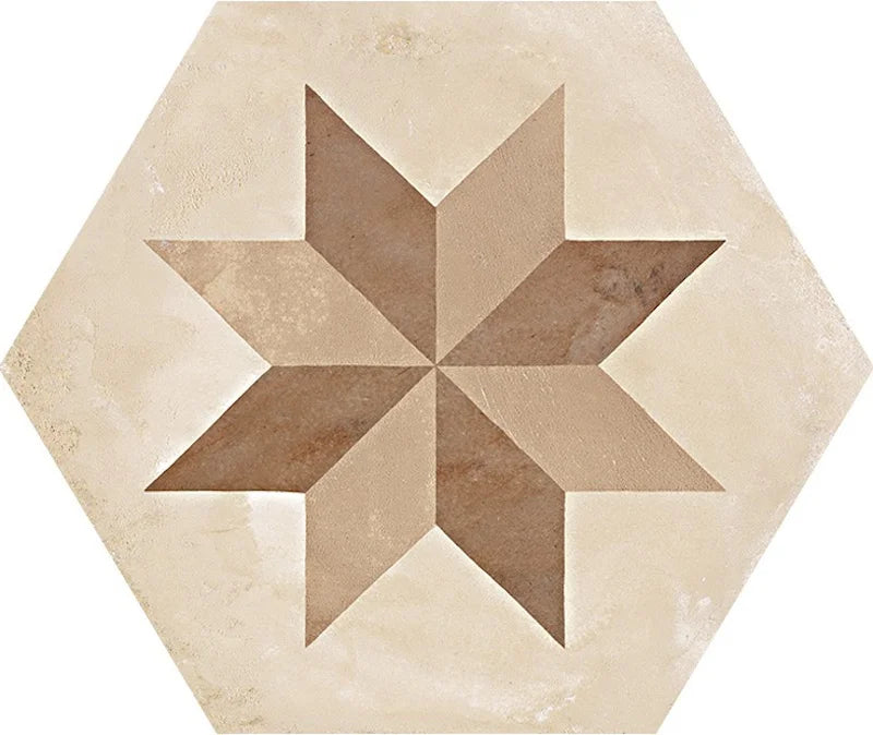 Dettaglio Piastrella da pavimento e rivestimento in gres porcellanato serie Terra di Marca Corona, effetto cementine, formato esagonale 25x21.6 cm, Colore Stella Calda Esagona