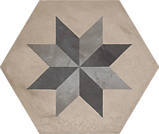 Dettaglio Piastrella da pavimento e rivestimento in gres porcellanato serie Terra di Marca Corona, effetto cementine, formato esagonale 25x21.6 cm, Colore Stella Fredda Esagona