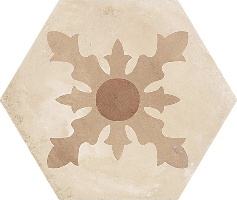 Dettaglio Piastrella da pavimento e rivestimento in gres porcellanato serie Terra di Marca Corona, effetto cementine, formato esagonale 25x21.6 cm, Colore Cardinale Caldo Esagona