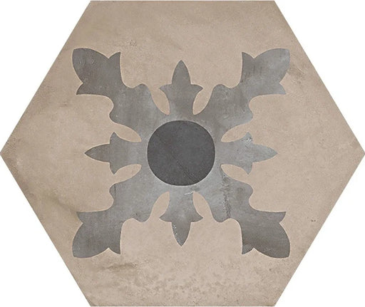 Dettaglio Piastrella da pavimento e rivestimento in gres porcellanato serie Terra di Marca Corona, effetto cementine, formato esagonale 25x21.6 cm, Colore Cardinale Freddo Esagona