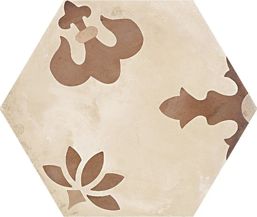 Dettaglio Piastrella da pavimento e rivestimento in gres porcellanato serie Terra di Marca Corona, effetto cementine, formato esagonale 25x21.6 cm, Colore Composizione Giglio Caldo Esagona