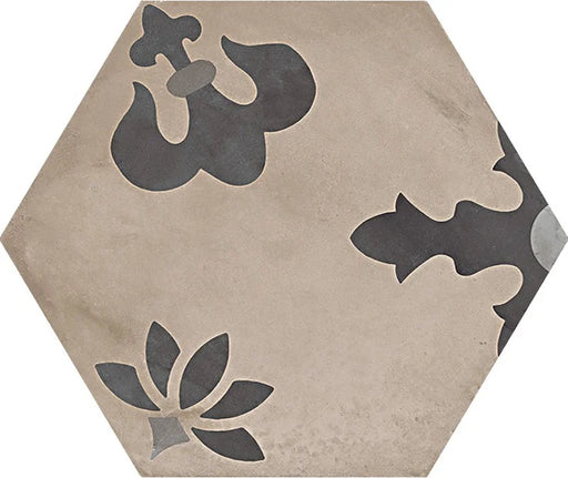Dettaglio Piastrella da pavimento e rivestimento in gres porcellanato serie Terra di Marca Corona, effetto cementine, formato esagonale 25x21.6 cm, Colore Composizione Giglio Freddo Esagona