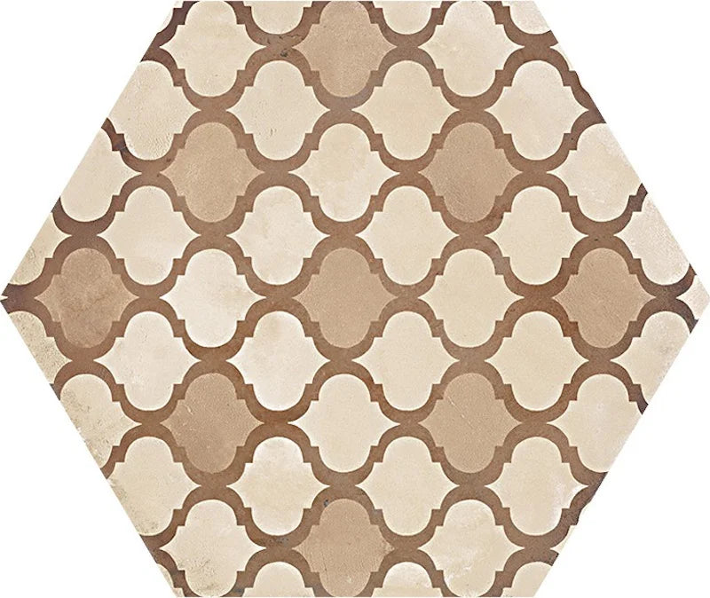 Dettaglio Piastrella da pavimento e rivestimento in gres porcellanato serie Terra di Marca Corona, effetto cementine, formato esagonale 25x21.6 cm, Colore Coloniale Caldo Esagona