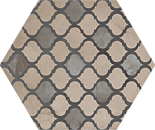 Dettaglio Piastrella da pavimento e rivestimento in gres porcellanato serie Terra di Marca Corona, effetto cementine, formato esagonale 25x21.6 cm, Colore Coloniale Freddo Esagona