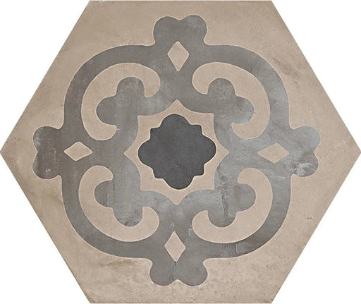 Dettaglio Piastrella da pavimento e rivestimento in gres porcellanato serie Terra di Marca Corona, effetto cementine, formato esagonale 25x21.6 cm, Colore Fiore Freddo Esagona