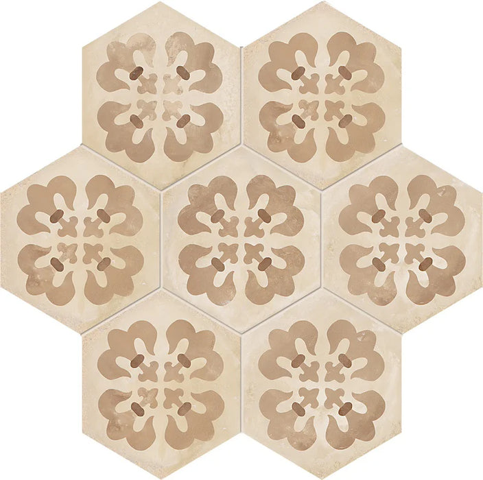 Dettaglio Piastrella da pavimento e rivestimento in gres porcellanato serie Terra di Marca Corona, effetto cementine, formato esagonale 25x21.6 cm, Colore Giglio Caldo Esagona