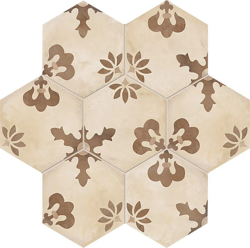 Dettaglio Piastrella da pavimento e rivestimento in gres porcellanato serie Terra di Marca Corona, effetto cementine, formato esagonale 25x21.6 cm, Colore Composizione Giglio Caldo Esagona