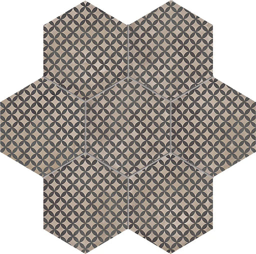 Dettaglio Piastrella da pavimento e rivestimento in gres porcellanato serie Terra di Marca Corona, effetto cementine, formato esagonale 25x21.6 cm, Colore Astro Freddo Esagona