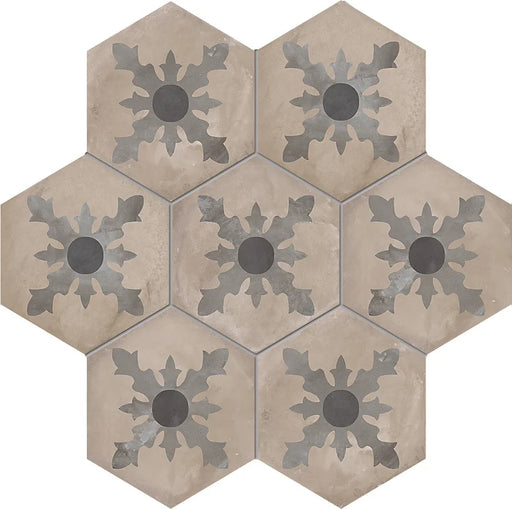 Dettaglio Piastrella da pavimento e rivestimento in gres porcellanato serie Terra di Marca Corona, effetto cementine, formato esagonale 25x21.6 cm, Colore Cardinale Freddo Esagona