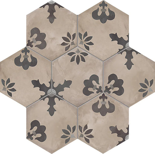 Dettaglio Piastrella da pavimento e rivestimento in gres porcellanato serie Terra di Marca Corona, effetto cementine, formato esagonale 25x21.6 cm, Colore Composizione Giglio Freddo Esagona