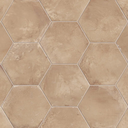 Dettaglio Piastrella da pavimento e rivestimento in gres porcellanato serie Terra di Marca Corona, effetto cotto, formato esagonale 25x21.6 cm, Colore Ocra Esagona