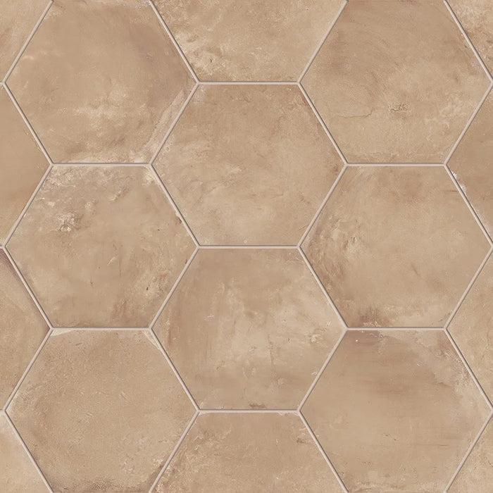 Dettaglio Piastrella da pavimento e rivestimento in gres porcellanato serie Terra di Marca Corona, effetto cotto, formato esagonale 25x21.6 cm, Colore Ocra Esagona