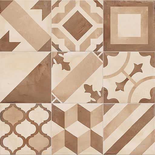 Dettaglio Piastrella da pavimento e rivestimento in gres porcellanato serie Terra di Marca Corona, effetto cementine, formato 20x20 cm, Colore Mix Decori Caldi